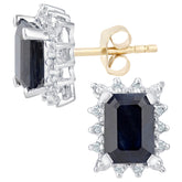 2.2ct Emerald Cut Black Sapphire and  Diamond Cluster Stud Earring in 9ct Yellow Gold